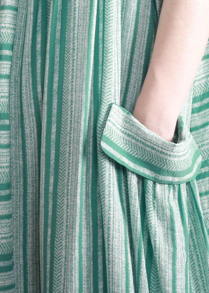 Chic Green Striped Pockets Button Linen Dress - Omychic