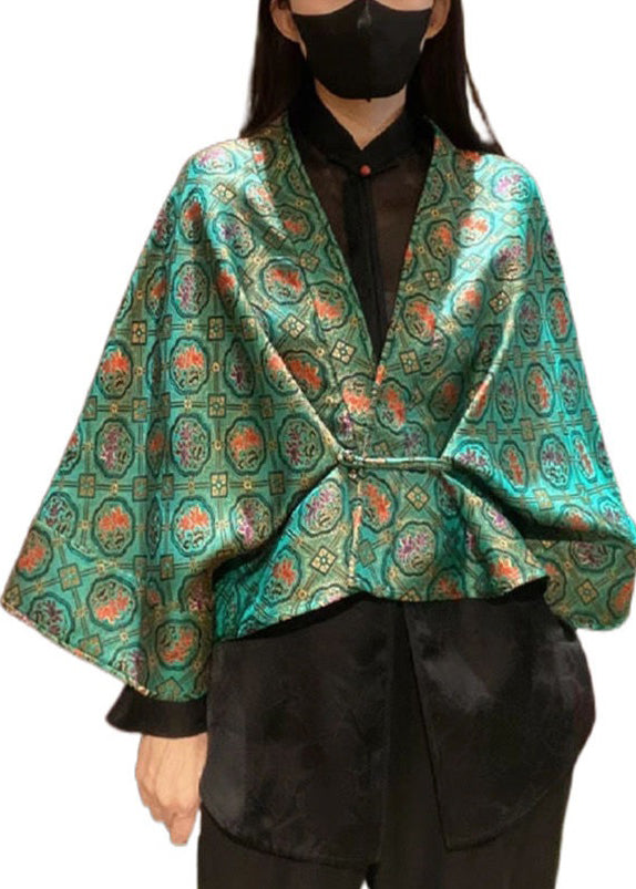 Chic Green V Neck Print Patchwork Silk Two Pieces Set Fall