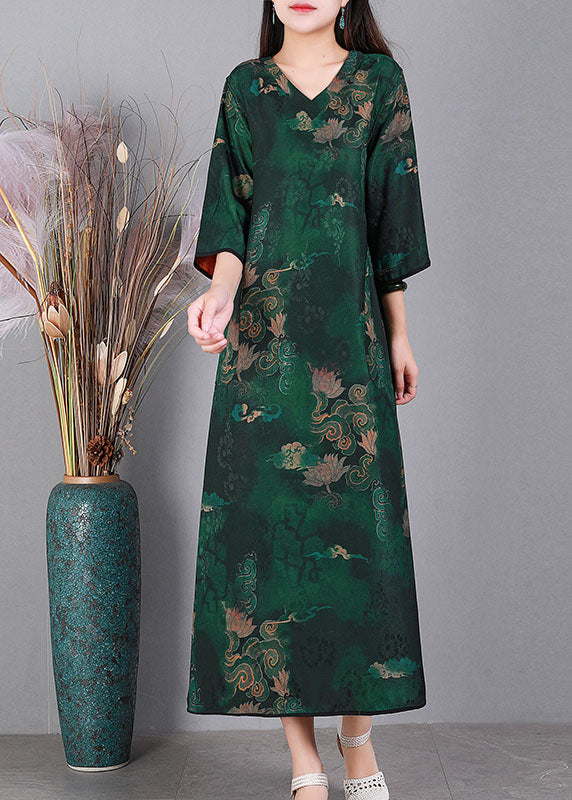 Chic Green V Neck Print Wear On Both Sides Silk  Long Dresses Bracelet Sleeve