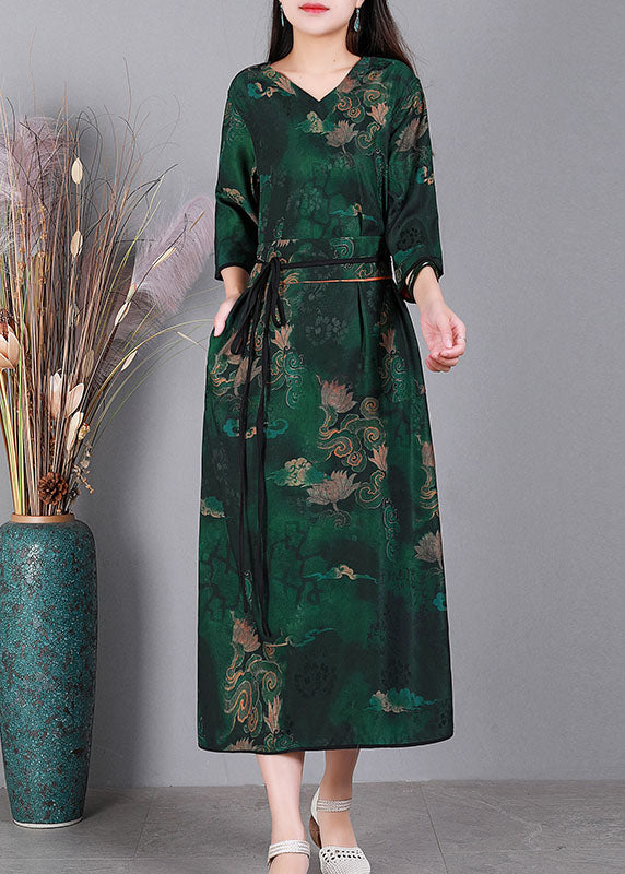 Chic Green V Neck Print Wear On Both Sides Silk  Long Dresses Bracelet Sleeve