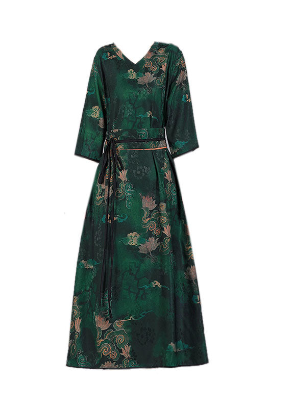 Chic Green V Neck Print Wear On Both Sides Silk  Long Dresses Bracelet Sleeve