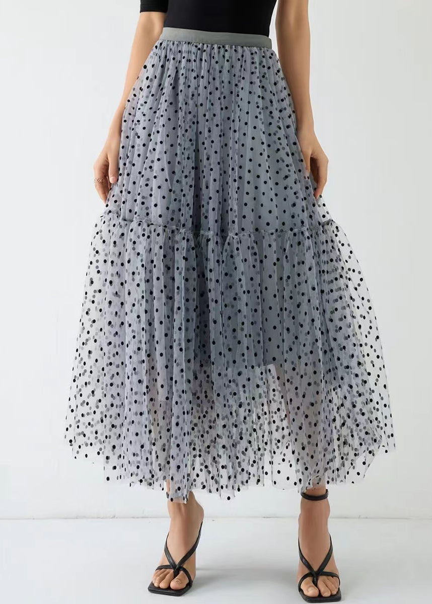 Chic Grey Dot Wrinkled Patchwork Elastic Waist Tulle Skirt Spring