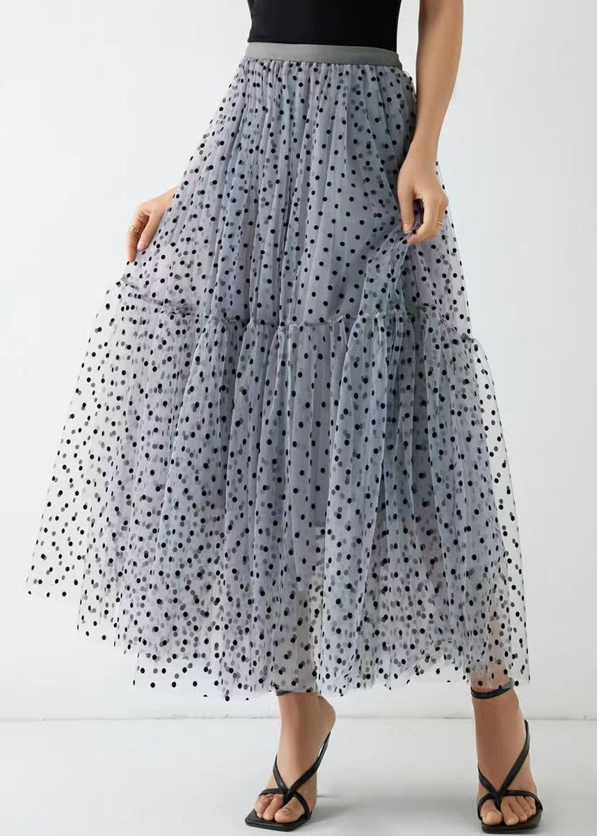 Chic Grey Dot Wrinkled Patchwork Elastic Waist Tulle Skirt Spring