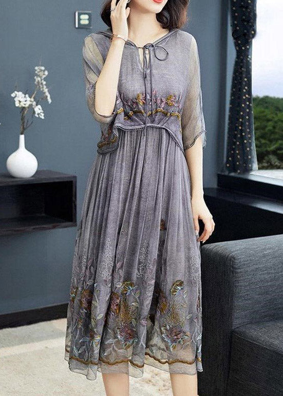 Chic Grey Embroideried Floral Neck Tie Take Two Pieces Hooded Maxi Dresses Summer