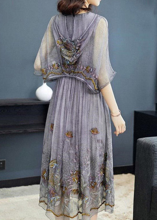 Chic Grey Embroideried Floral Neck Tie Take Two Pieces Hooded Maxi Dresses Summer