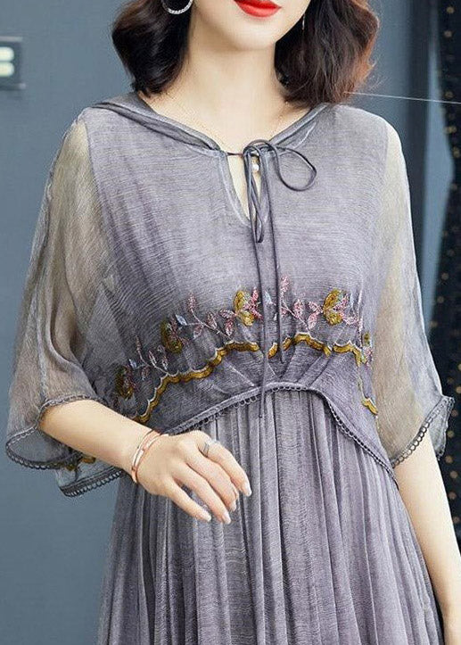 Chic Grey Embroideried Floral Neck Tie Take Two Pieces Hooded Maxi Dresses Summer