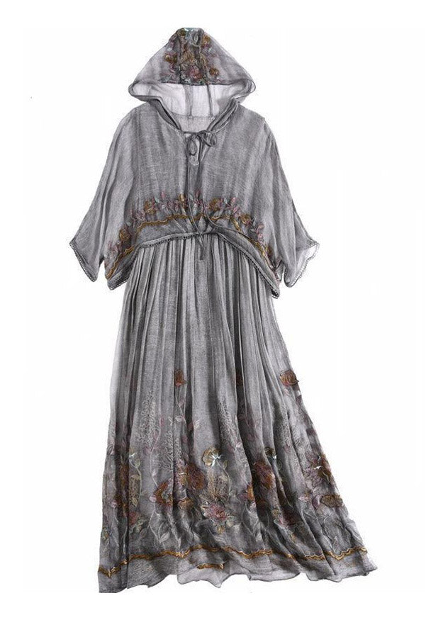 Chic Grey Embroideried Floral Neck Tie Take Two Pieces Hooded Maxi Dresses Summer