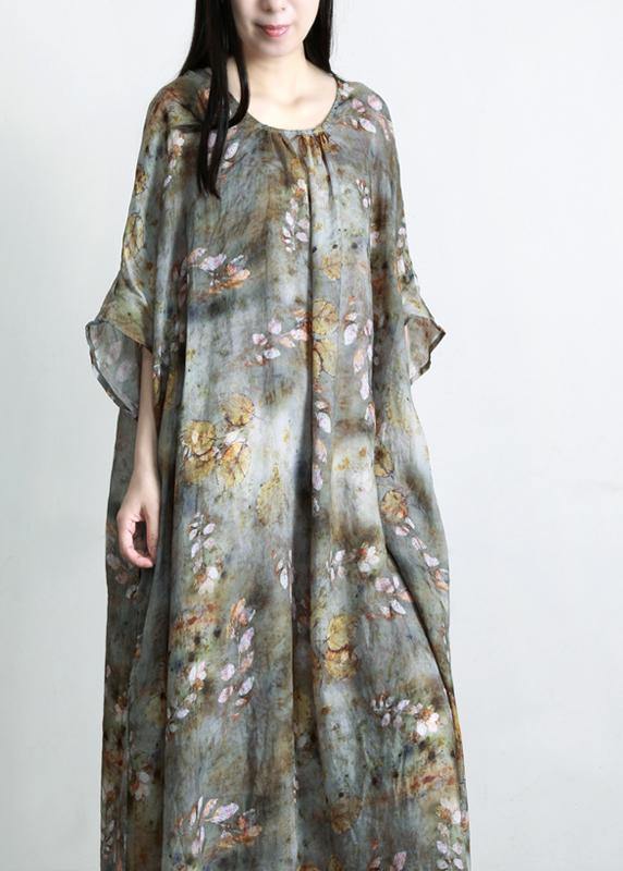 Chic Grey Green Print Linen Pockets Summer Dresses - Omychic