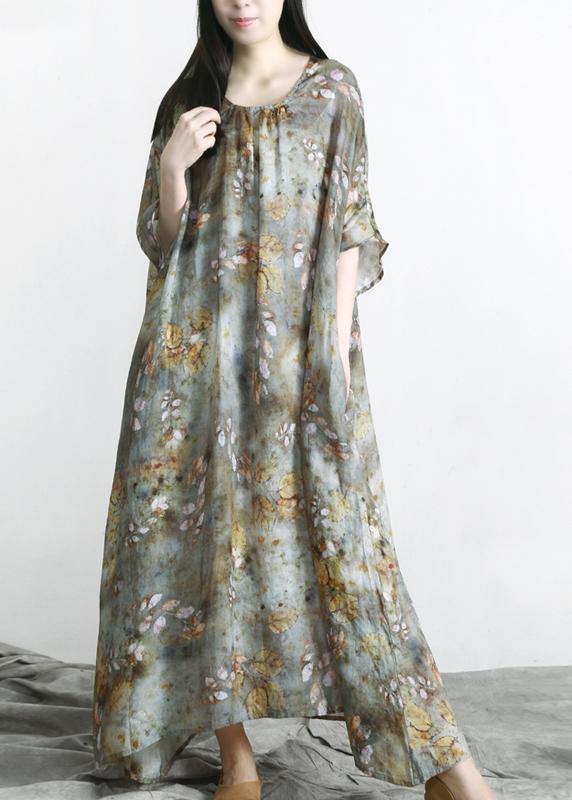 Chic Grey Green Print Linen Pockets Summer Dresses - Omychic