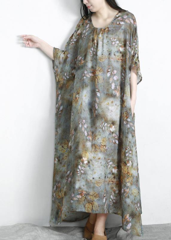 Chic Grey Green Print Linen Pockets Summer Dresses - Omychic