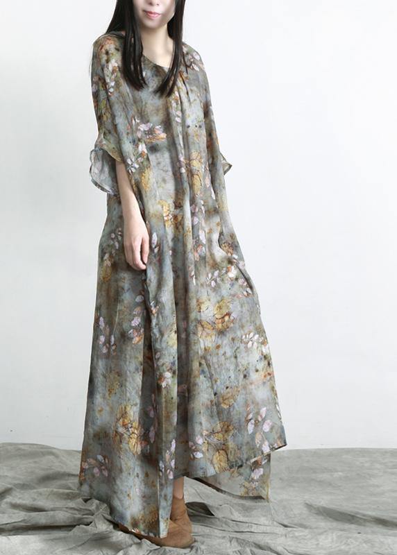 Chic Grey Green Print Linen Pockets Summer Dresses - Omychic