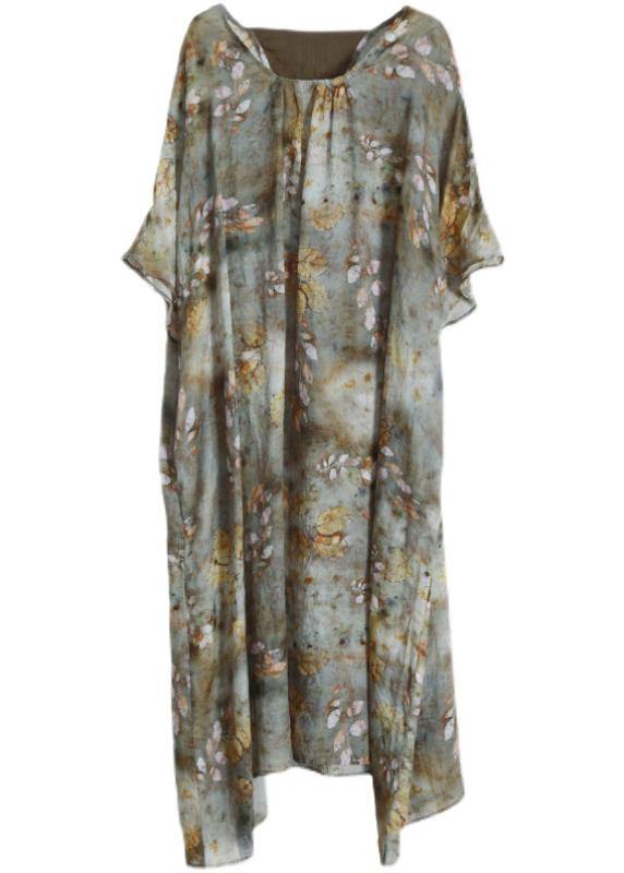 Chic Grey Green Print Linen Pockets Summer Dresses - Omychic