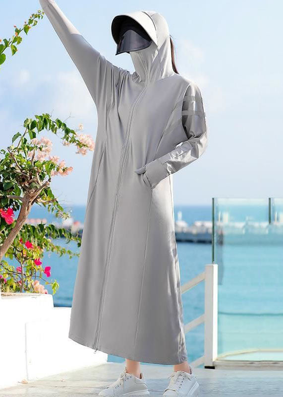 Chic Grey Hooded Pockets Patchwork Long Ice Silk UPF 50+ Coat Summer