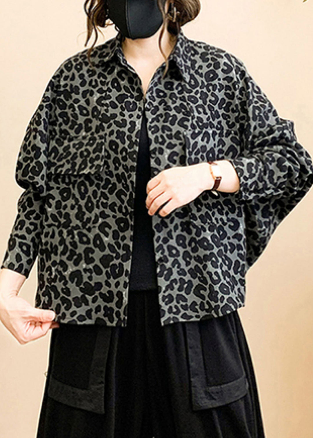 Chic Grey Leopard Print Button Patchwork Cotton Coat Fall