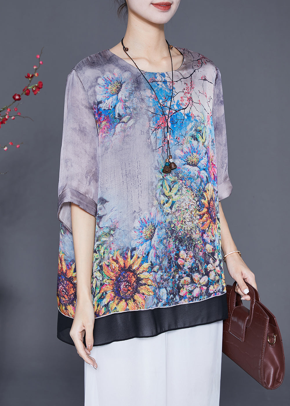 Chic Grey Oversized Patchwork Print Silk Shirts Summer