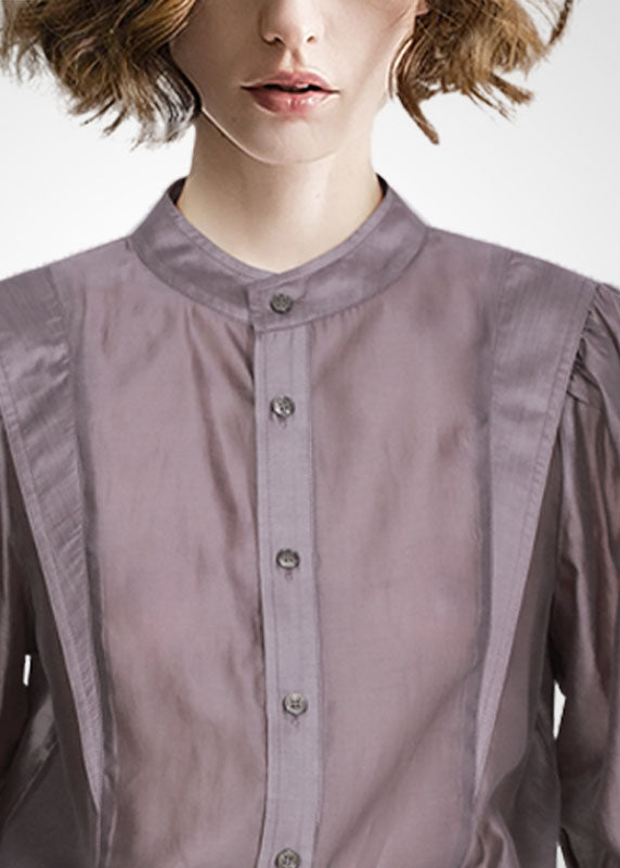 Chic Grey Purple Peter Pan Collar Patchwork Shirt Tops Long Sleeve