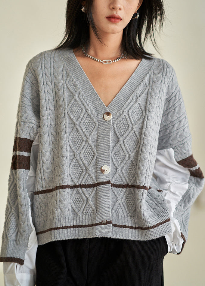 Chic Grey V Neck Button Patchwork Cotton Knit Top Fall