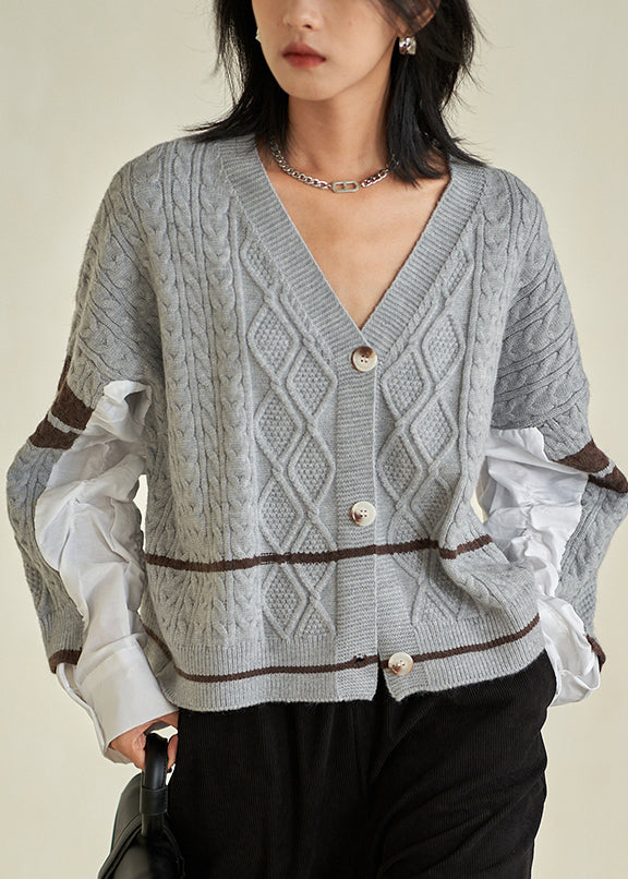 Chic Grey V Neck Button Patchwork Cotton Knit Top Fall