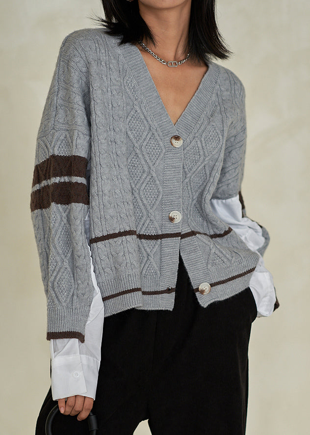 Chic Grey V Neck Button Patchwork Cotton Knit Top Fall