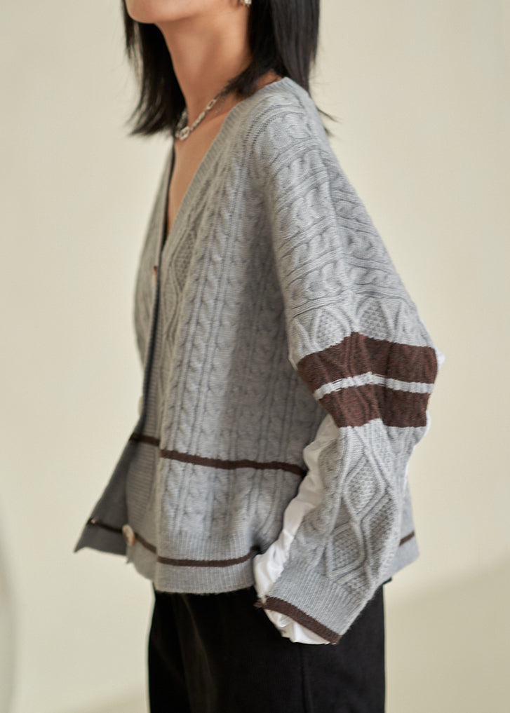 Chic Grey V Neck Button Patchwork Cotton Knit Top Fall