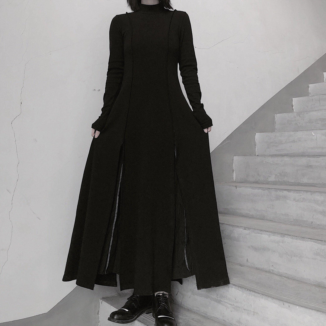 Chic High Neck Asymmetric Dress Runway Black Art Dress - Omychic