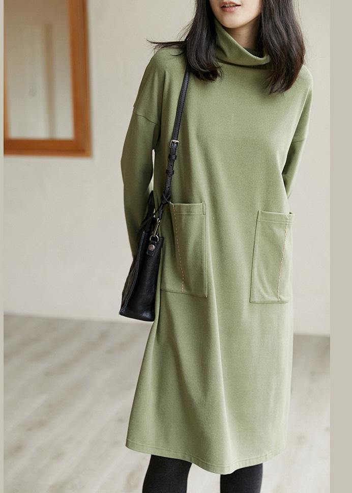Chic High Neck Pockets Spring Clothes Women Work Outfits Green Maxi Dress - Omychic