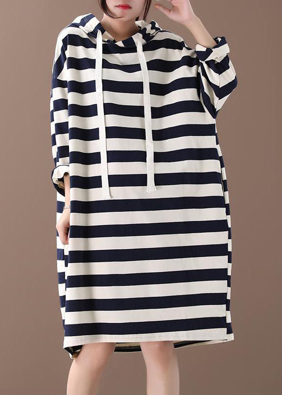 Chic Hooded Striped Cotton Sweatshirt Street wear dress Spring