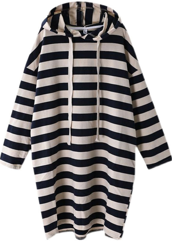 Chic Hooded Striped Cotton Sweatshirt Street wear dress Spring