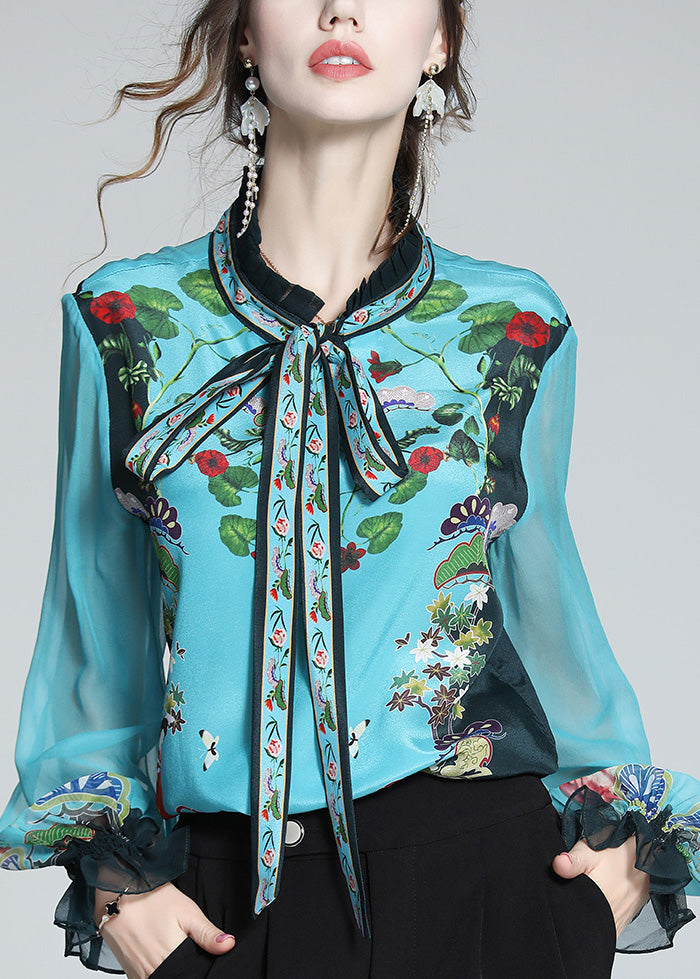 Chic Indigo Stand Collar Print Tie Waist Silk Shirt Long Sleeve