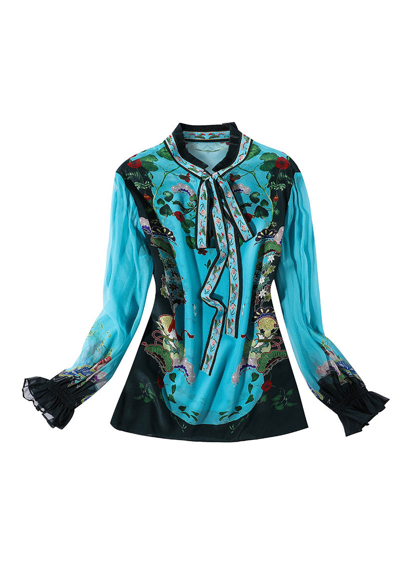 Chic Indigo Stand Collar Print Tie Waist Silk Shirt Long Sleeve