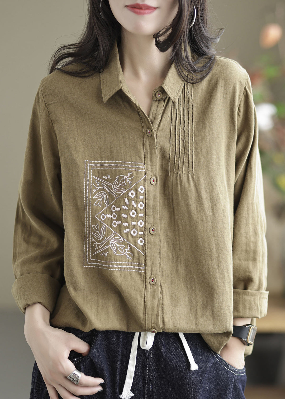 Chic Khaki Lapel Embroideried Wrinkled Linen Shirt Tops Spring