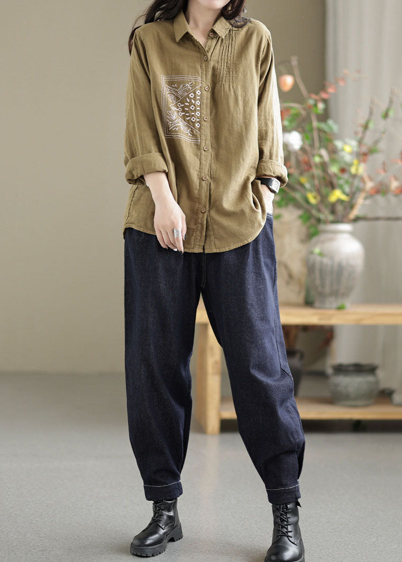 Chic Khaki Lapel Embroideried Wrinkled Linen Shirt Tops Spring