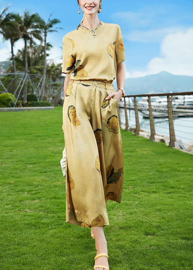 Chic Khaki O-Neck Print Top And Wide Leg Pants Two Pieces Set Summer