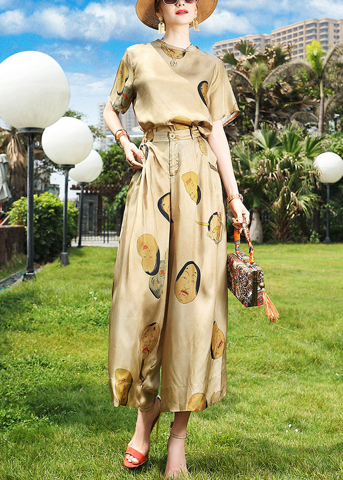 Chic Khaki O-Neck Print Top And Wide Leg Pants Two Pieces Set Summer