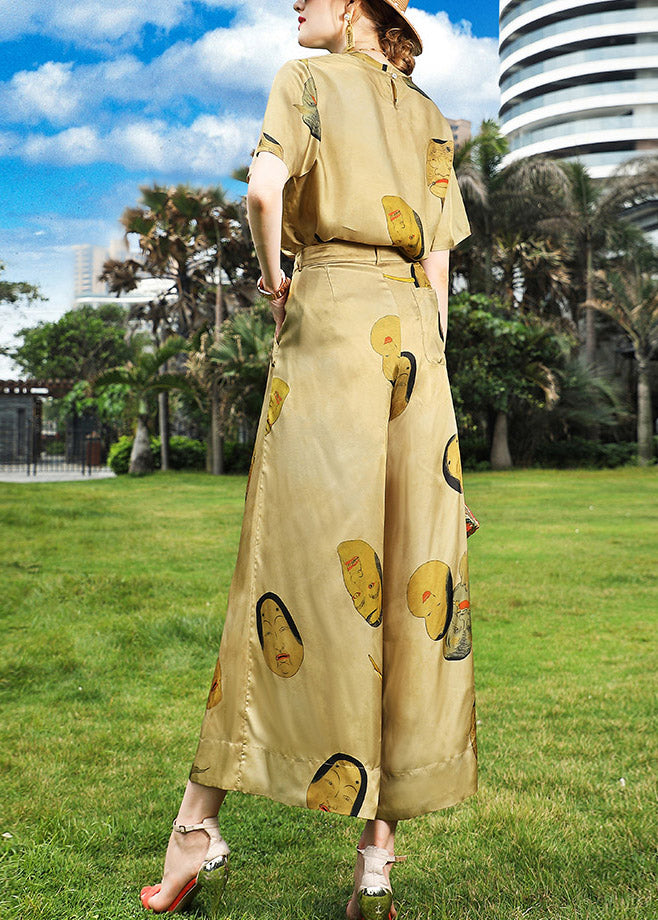 Chic Khaki O-Neck Print Top And Wide Leg Pants Two Pieces Set Summer