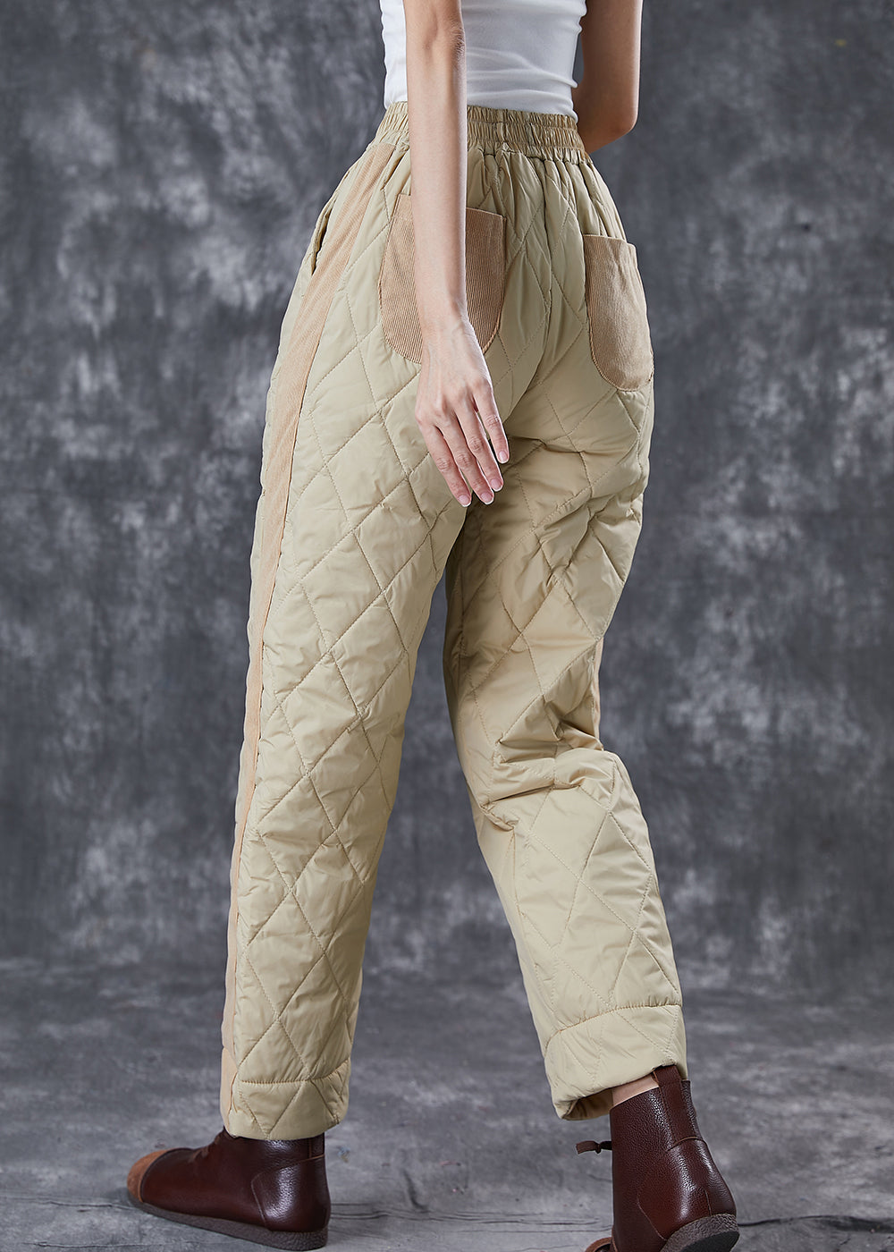 Chic Khaki Oversized Patchwork Thick Fine Cotton Filled Pants Winter