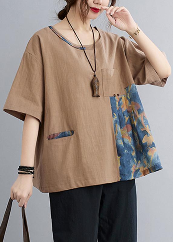 Chic Khaki Patchwork Pockets Cotton Linen Shirt Summer ( Limited Stock) - Omychic