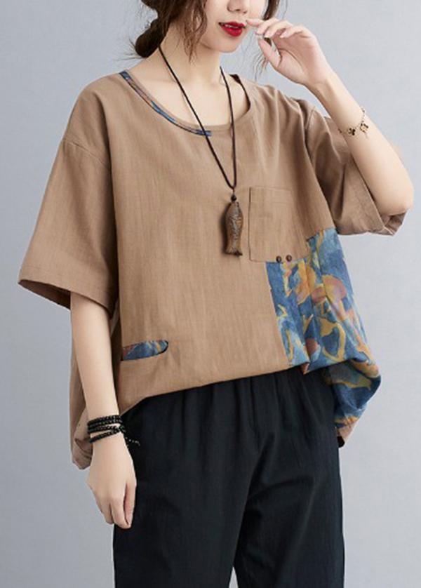 Chic Khaki Patchwork Pockets Cotton Linen Shirt Summer ( Limited Stock) - Omychic