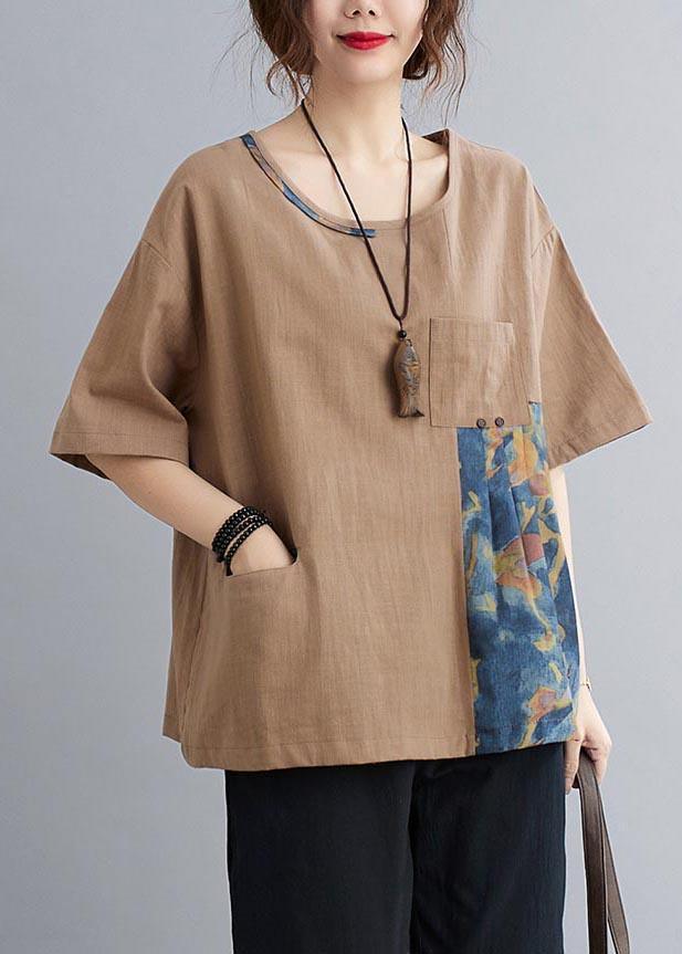 Chic Khaki Patchwork Pockets Cotton Linen Shirt Summer ( Limited Stock) - Omychic