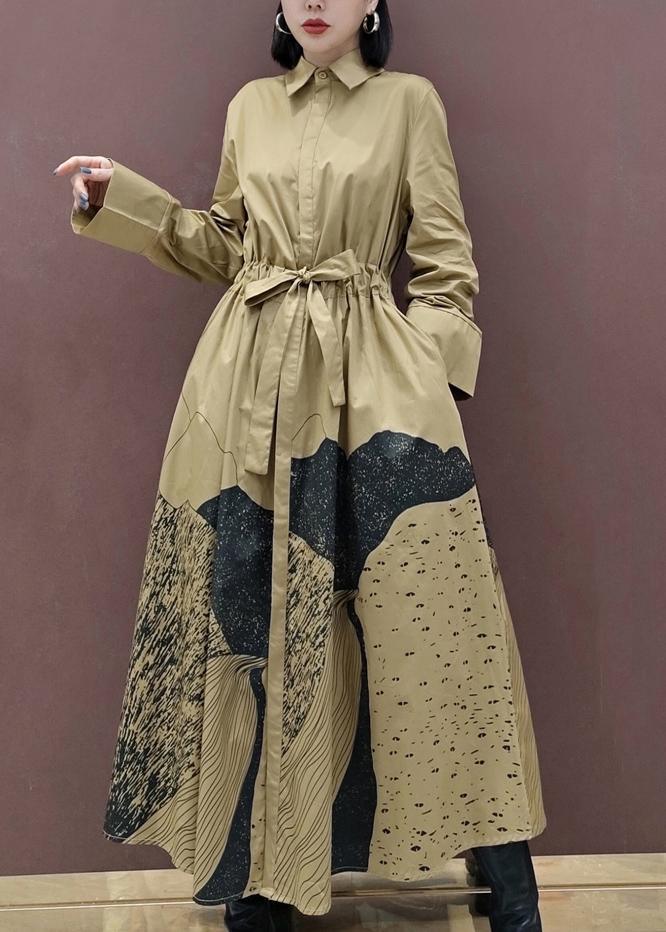 Chic Khaki Print Tunics Lapel Drawstring Robes Spring Dresses - Omychic