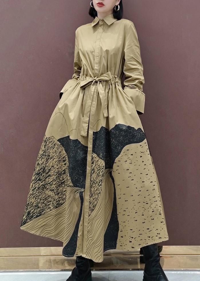 Chic Khaki Print Tunics Lapel Drawstring Robes Spring Dresses - Omychic