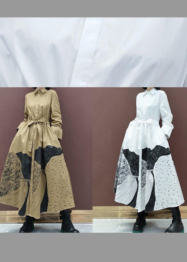 Chic Khaki Print Tunics Lapel Drawstring Robes Spring Dresses - Omychic
