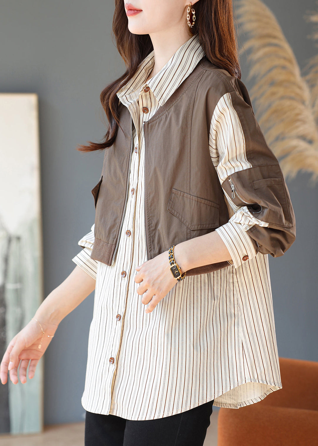 Chic Khaki Striped Patchwork Cotton Fake Two Piece Shirt Top Spring