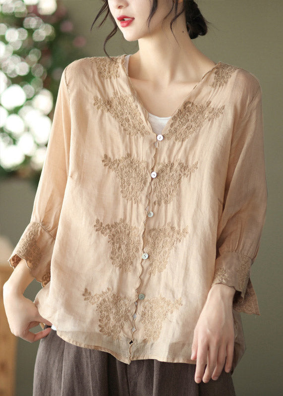 Chic Khaki V Neck Embroideried Linen Shirt Long Sleeve