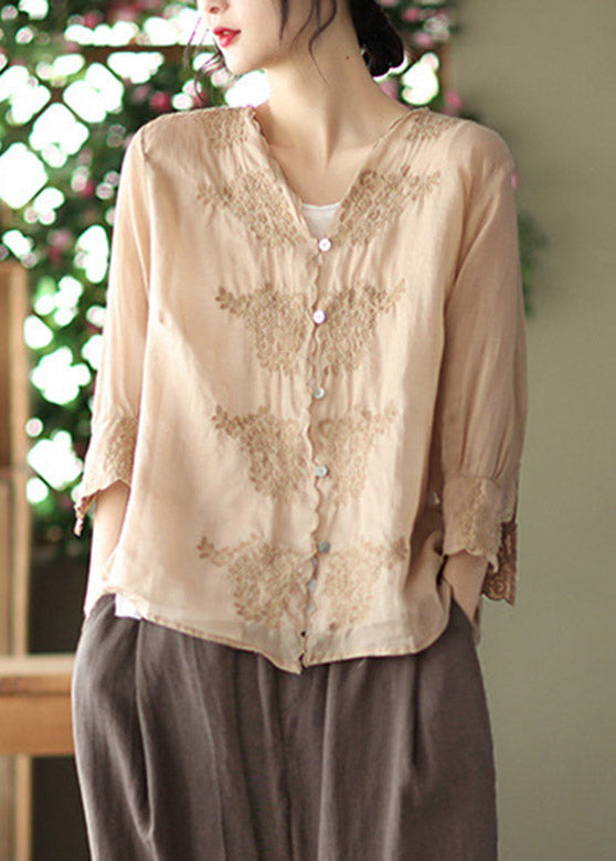 Chic Khaki V Neck Embroideried Linen Shirt Long Sleeve
