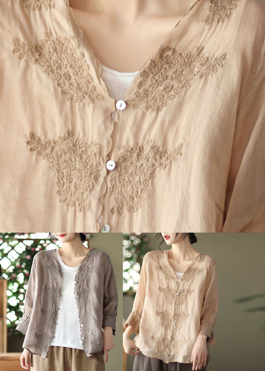 Chic Khaki V Neck Embroidered Linen Shirt Long Sleeve