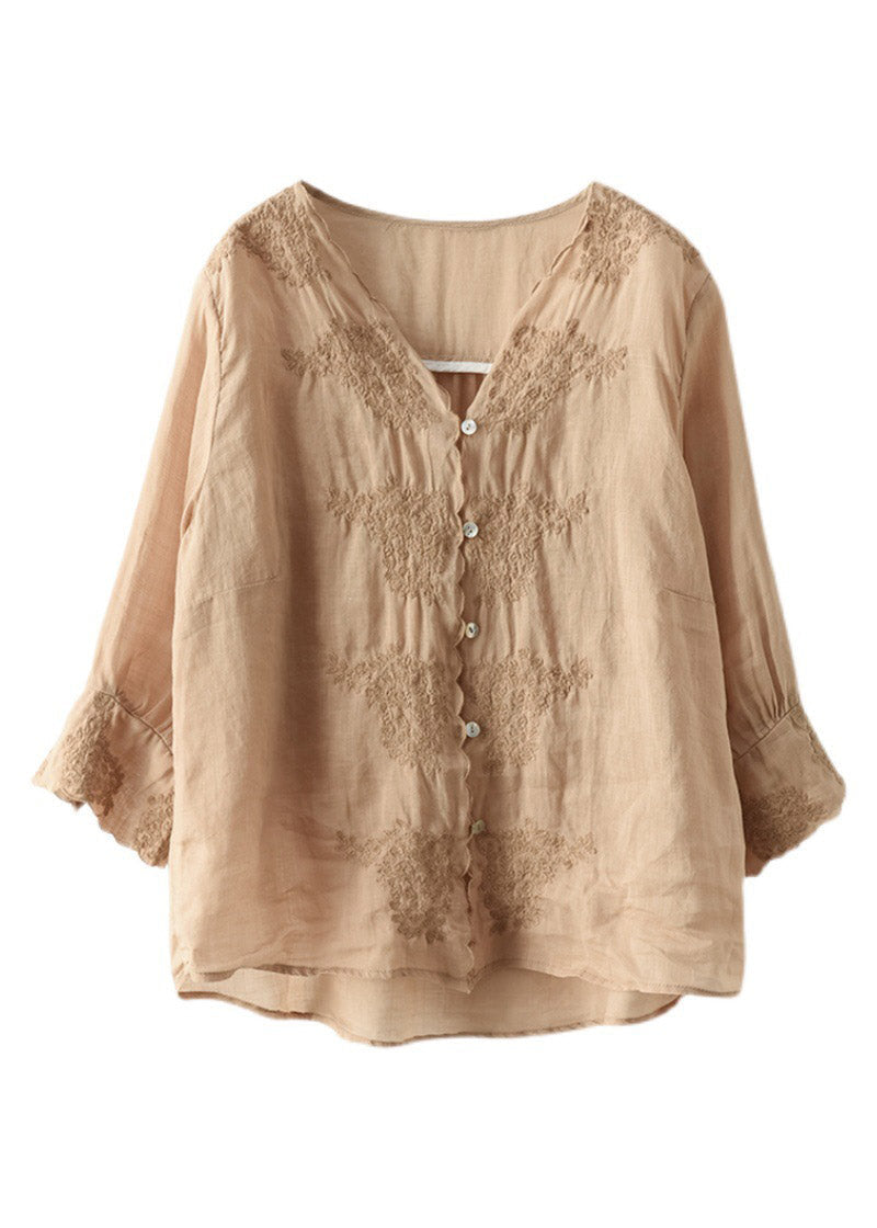 Chic Khaki V Neck Embroidered Linen Shirt Long Sleeve