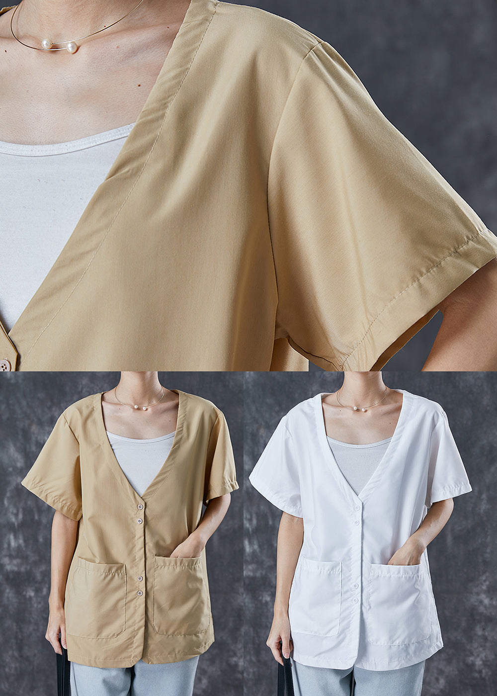 Chic Khaki V Neck Pockets Cotton Shirt Tops Summer