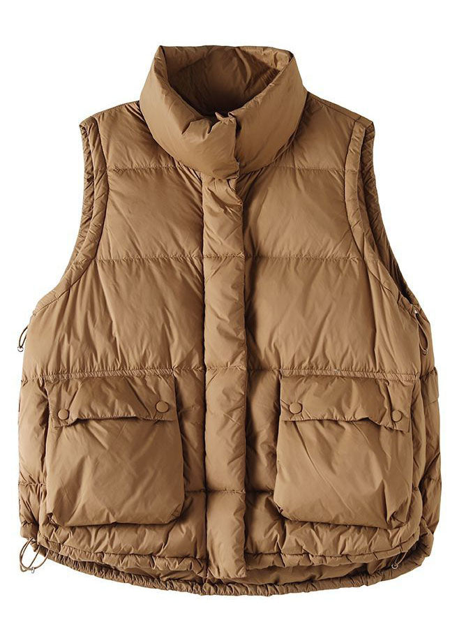 Chic Khaki Zip Up Ruffled Drawstring Duck Down Puffer Vest Winter