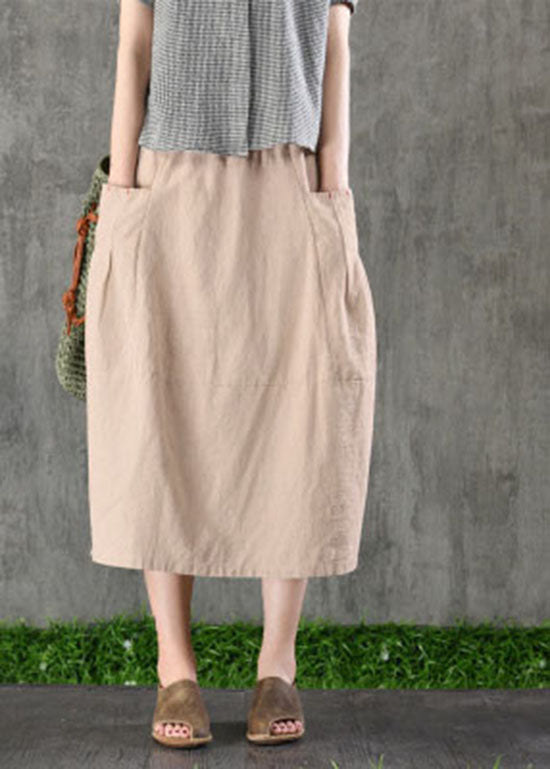 Chic Khaki elastic waist Pockets Cotton Linen A Line Skirt Spring